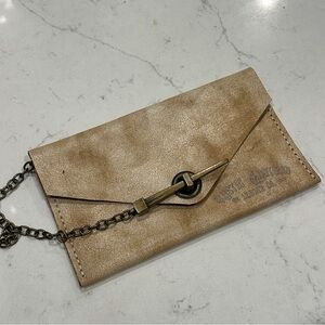 Elegant Tan Leather Wristlet with Chain Detail